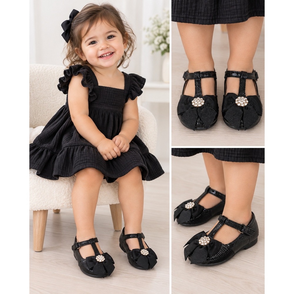 Joyfolie Toddler Girls Black T-Strap Mary Jane Flats with Bows Size 4 NEW